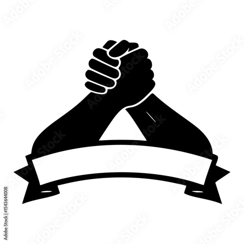 Bold black-and-white vector illustration depicting two muscular arms locked in an intense arm wrestling match
