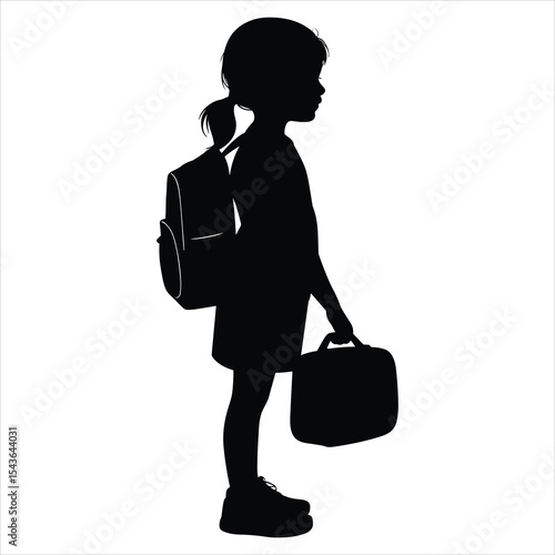 Girl Standing with School Bag and Lunchbox on white background