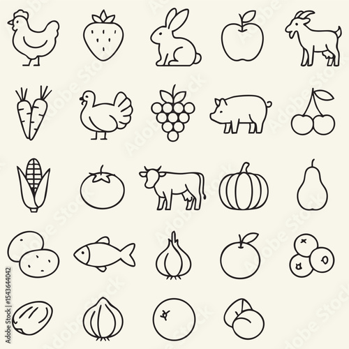 A set of illustrated icons featuring farm animals and a variety of vegetables in a cohesive design.