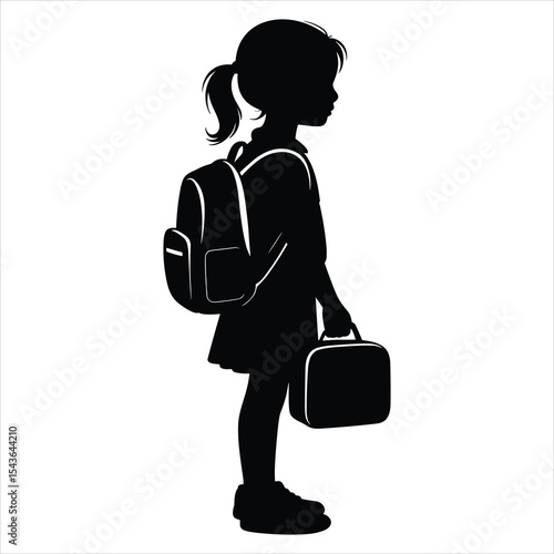 Girl Standing with School Bag and Lunchbox on white background