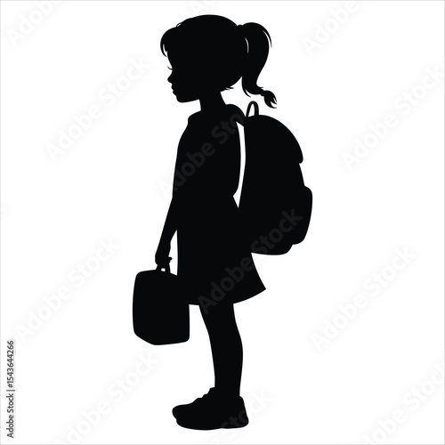 Girl Standing with School Bag and Lunchbox on white background