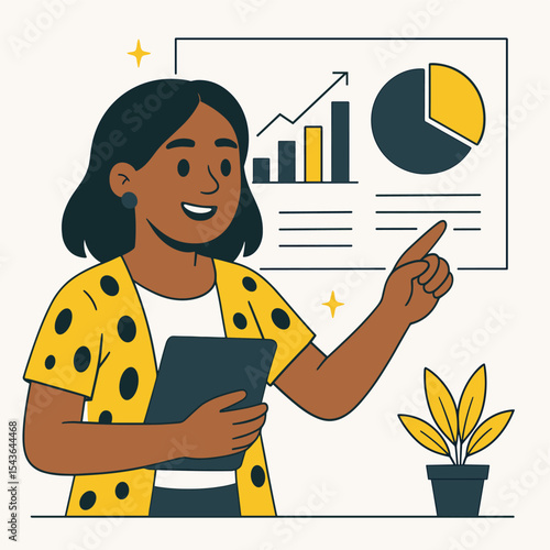 Flat vector Illustration of a Female Analyst Examining Digital Data with Tablet and Magnifying Glass – Business Growth Concept
