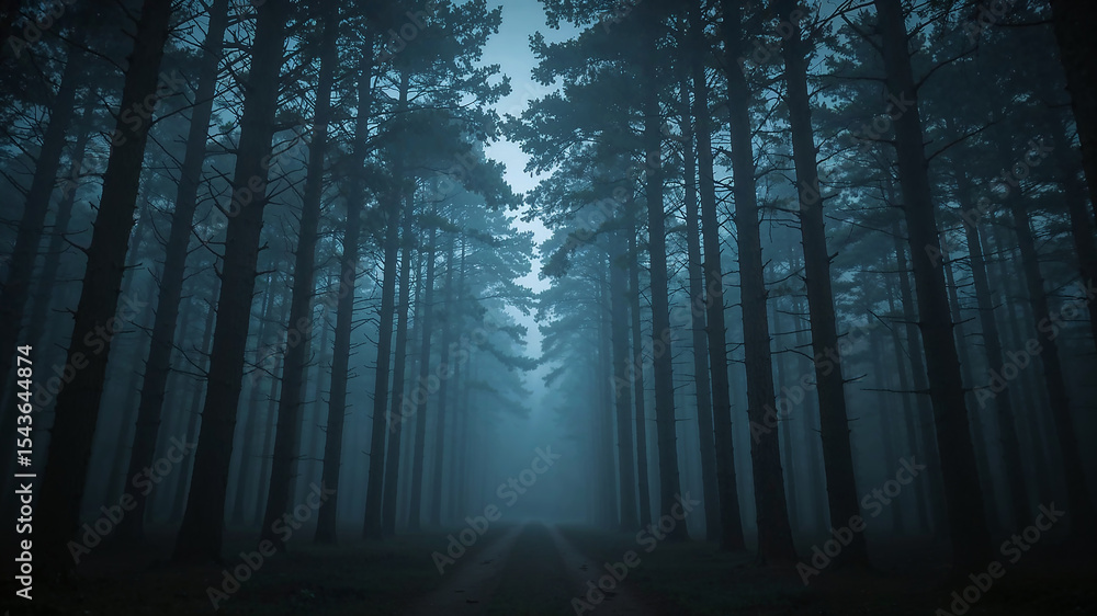 Fototapeta premium Fog entering creepy dark forest road at night
