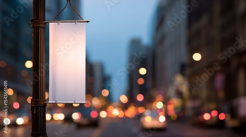 Blank flag banner on the street light pole, mockup on blurred cityscape with bokeh lights background.
