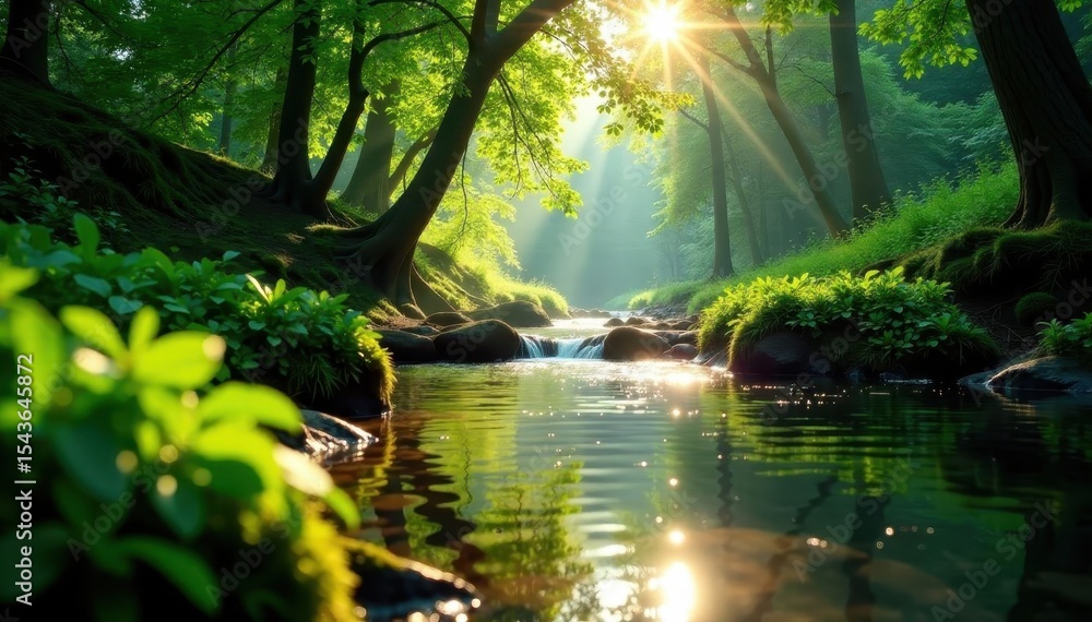 Obraz premium Sun-dappled stream flows through lush green woods, scenic, spring