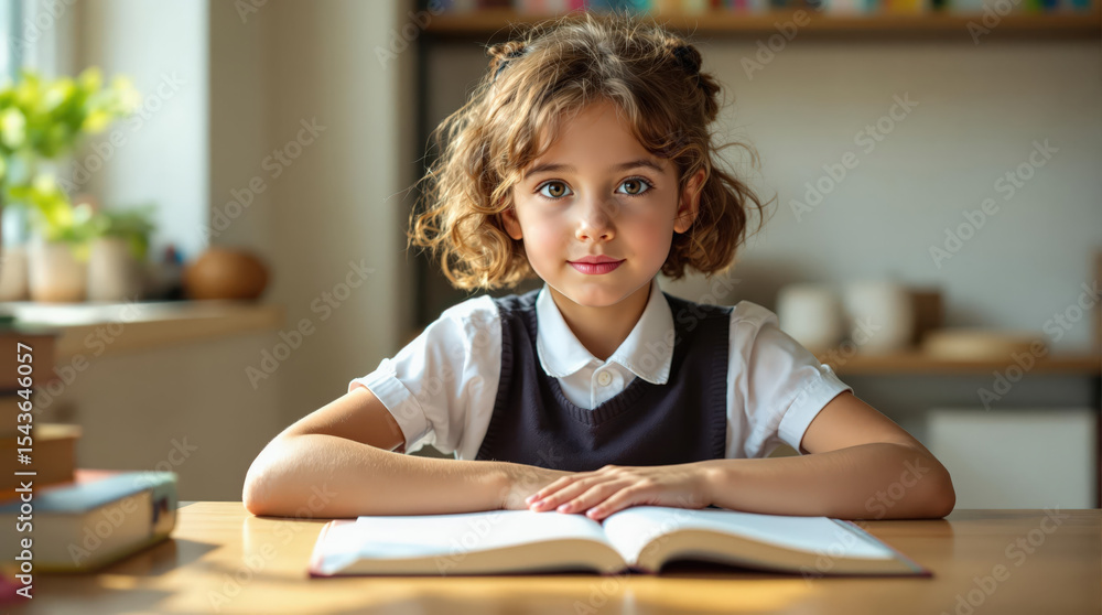 Focused Little Girl Reading an Open Book Focused Little Girl Reading an Open Book