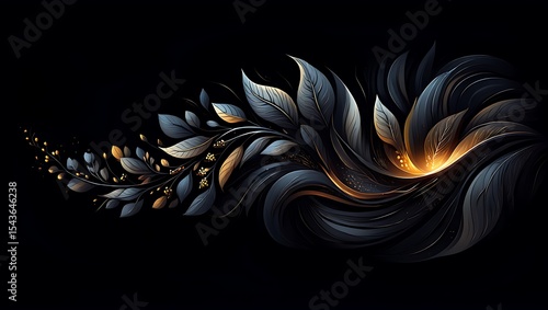Elegant Dark Floral Swirl Gold and Silver Leaves Abstract Art