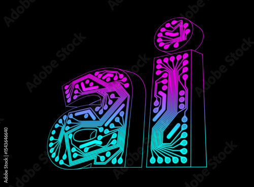 Letters AI adorned with intricate circuit patterns, lowercase, bold, 3D. Vibrant gradients of purple and blue, set against black background. Artificial intelligence concept.