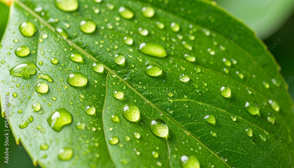 Close-up view of a vibrant green leaf covered in glistening water droplets. Close-up view of a vibrant green leaf covered in glistening water droplets.