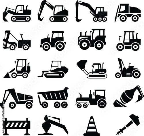 Collection of black and white construction vehicle icons