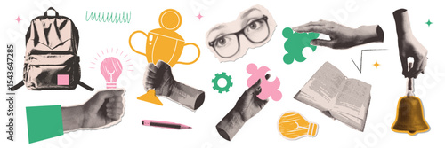 Paper torn out elements for mixed media halftone collage. Concept of learning, university, college or back to school. Hands holding winner s cup, lightbulb, puzzle, bell, backpack and more. Vector