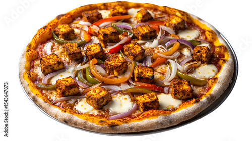 A delicious paneer pizza with colorful vegetables on a metal plate on transparent background png
