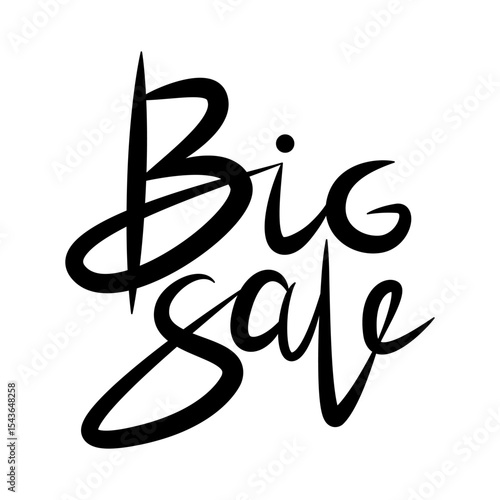 Black curvy hand-written big sale text isolated on white background. Headline for e-commerce marketing banners, flyers, discount cards, posters, ads, coupons, offers and other promotional materials.