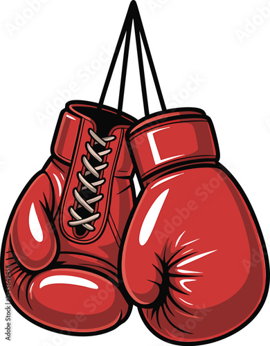 Red Boxing Gloves Hanging on Strings Cartoon Illustration