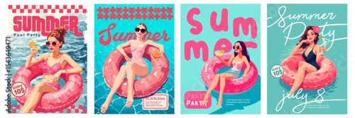 Summer Pool Party Posters - Fun Beach Event Art women on floaties with bold colors