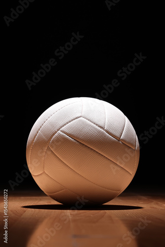 Volleyball on Wooden Court Floor Corner close up with light reflection with room for text or copy space