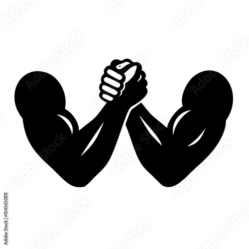 Bold black-and-white vector illustration depicting two muscular arms locked in an intense arm wrestling match