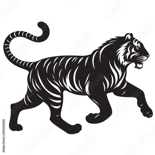 Dynamic running tiger silhouette in profile view – bold black vector animal design suitable for wildlife prints, nature illustrations, apparel designs, and jungle-themed crafts.