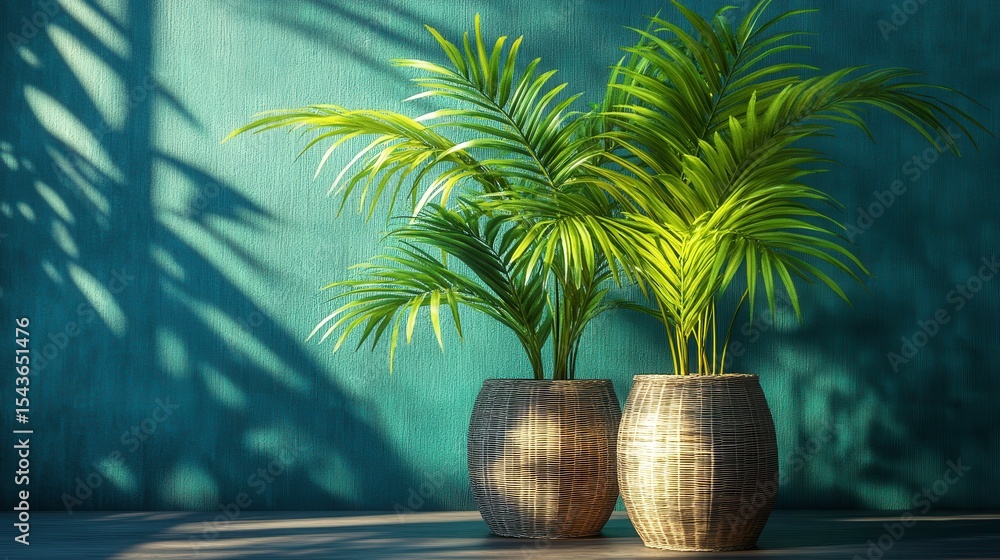 Obraz premium Tropical Palm Plants in Woven Pots Teal Wall Background