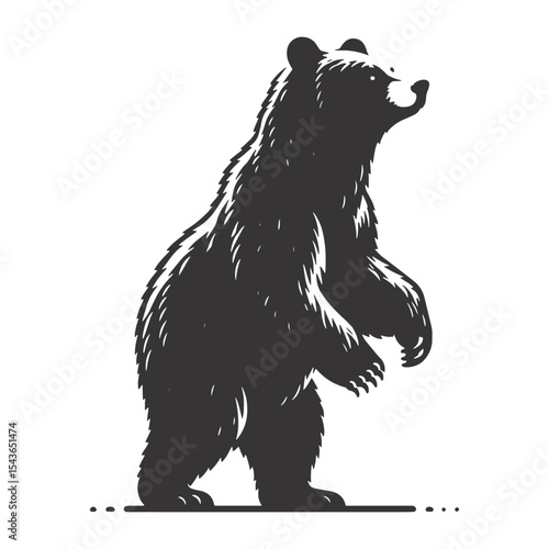 Standing bear silhouette in solid black vector bold wildlife design great for forest scenes, camping graphics, and outdoor adventure themes.