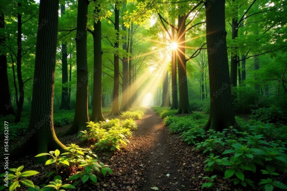 Obraz premium Sun-dappled forest path forks, multiple trails ahead, vegetation, spring