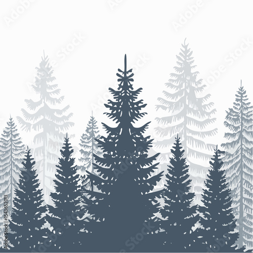 silhouettes of fir trees are set against a background of coniferous spruce pattern