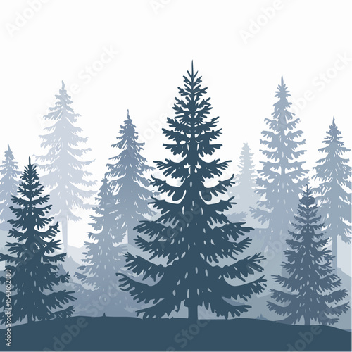 silhouettes of fir trees are set against a background of coniferous spruce pattern