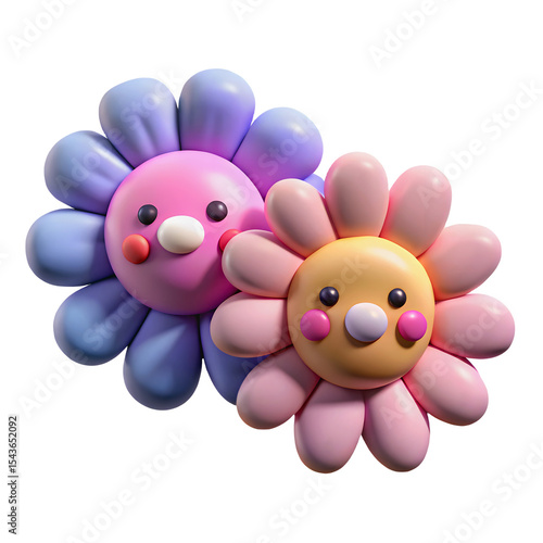 Two 3D render cartoon flowers, pink, purple, and yellow, close-up
