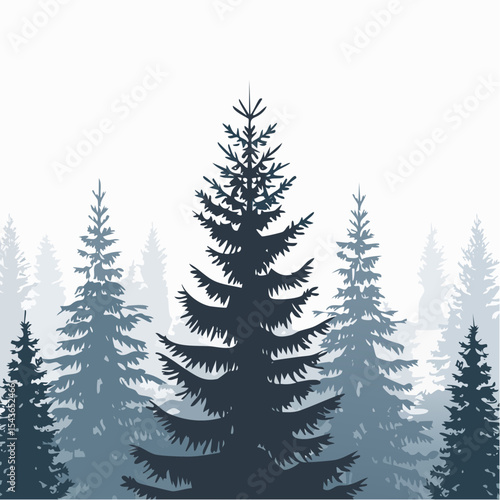 silhouettes of fir trees are set against a background of coniferous spruce pattern