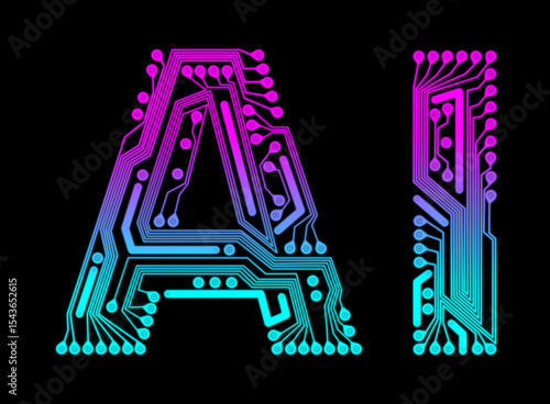 AI letters, uppercase, no outline, stylized to resemble circuit board pattern. Vibrant, blending shades of purple and blue, set against black background. Artificial Intelligence Concept.
