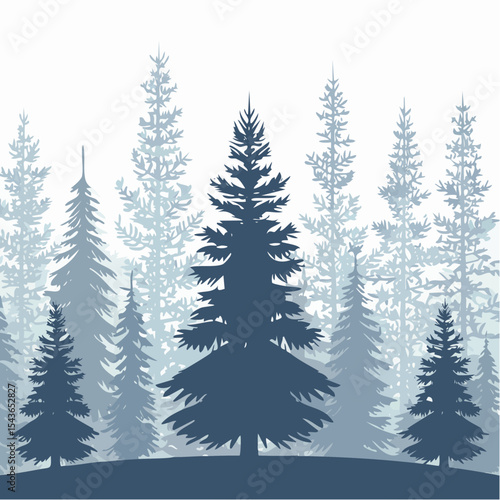 silhouettes of fir trees are set against a background of coniferous spruce pattern