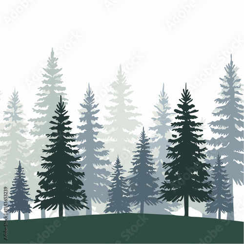silhouettes of fir trees are set against a background of coniferous spruce pattern