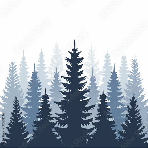 silhouettes of fir trees are set against a background of coniferous spruce pattern