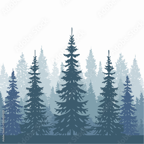 silhouettes of fir trees are set against a background of coniferous spruce pattern