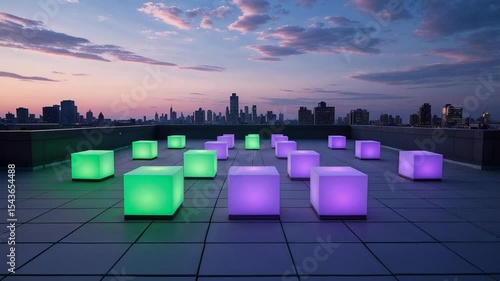 Dusk settling, LED cubes pulsing in unison on rooftop terrace, shifting green purple colors in wave