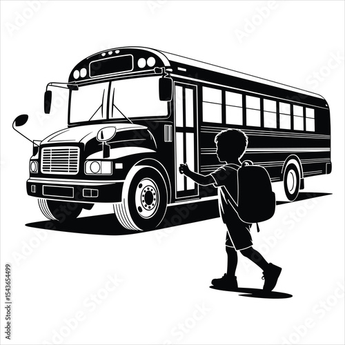 Child Boarding School Bus with Backpack on white background
