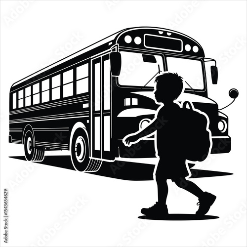 Child Boarding School Bus with Backpack on white background