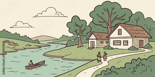 Peaceful Riverside Village Scene with Figures Houses and Boat Depicting a Tranquil Rural Lifestyle in a Hand Drawn Cartoon Style Illustration with Neutral Colors