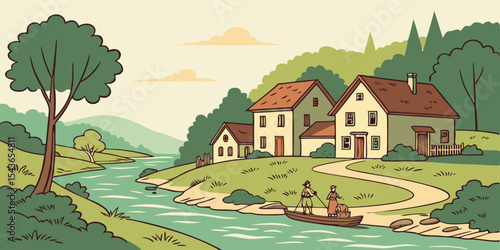Scenic riverside village illustration with houses trees and a boat carrying two figures evoking a sense of peaceful rural life and simple transportation in a