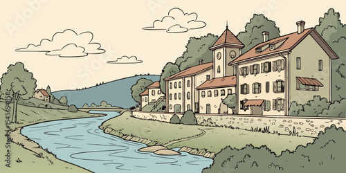 Cartoon Landscape of a European Village by a River Featuring Old Buildings with Red Tile Roofs Trees and Rolling Hills in the Background Under a