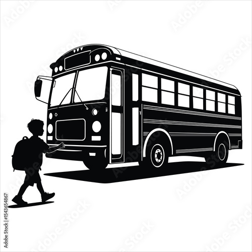 Child Boarding School Bus with Backpack on white background