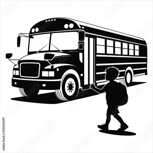 Child Boarding School Bus with Backpack on white background