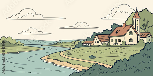 Hand drawn illustration of a serene countryside landscape featuring a river rolling hills charming houses and fluffy clouds in a whimsical cartoon style perfect for