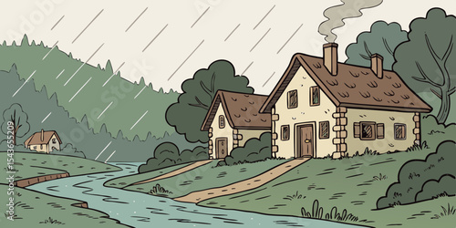 Cartoon landscape illustration featuring two quaint houses nestled on a grassy hill beside a winding river with a backdrop of lush green forest under a