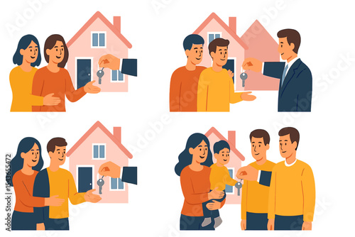 Homebuyers receive house keys from a real estate agent during a joyful handover moment at a suburban location