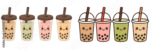 Colorful bubble tea drinks in cute designs served in transparent cups on a bright background