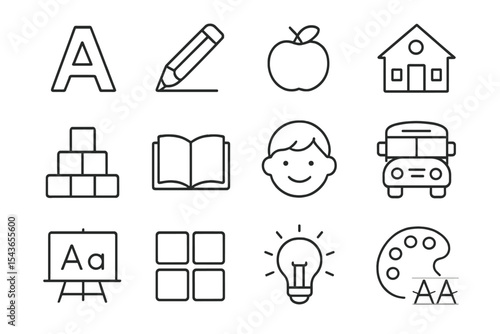 Educational icons showcasing elements of learning and creativity in a classroom environment