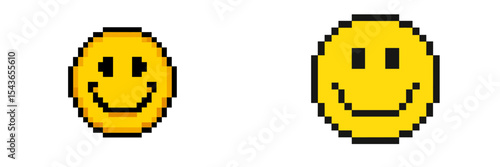Comparison of classic pixelated smiley face and modern smooth smiley face design in digital art