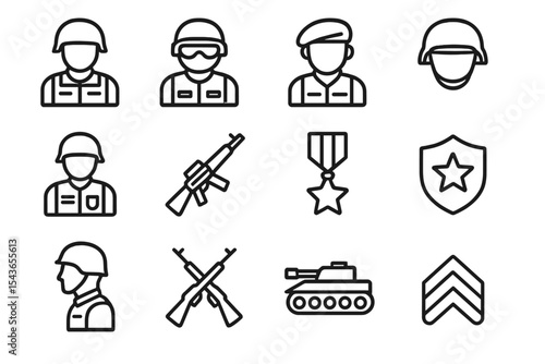 Military icons featuring soldiers, gear, and symbols representing valor and service