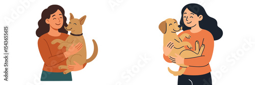 Two women happily holding their dogs in a warm, friendly setting during a sunny afternoon outdoors